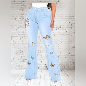 Butterfly Painted Flare Bottom Jeans | Stretch Denim | Size M